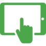 A green hand pointing at a tablet.